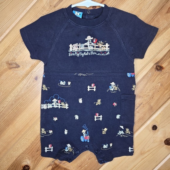 Vtg Little Big Dogs Farm Romper‎ Animals Navy Blue Sz 6-12 Months